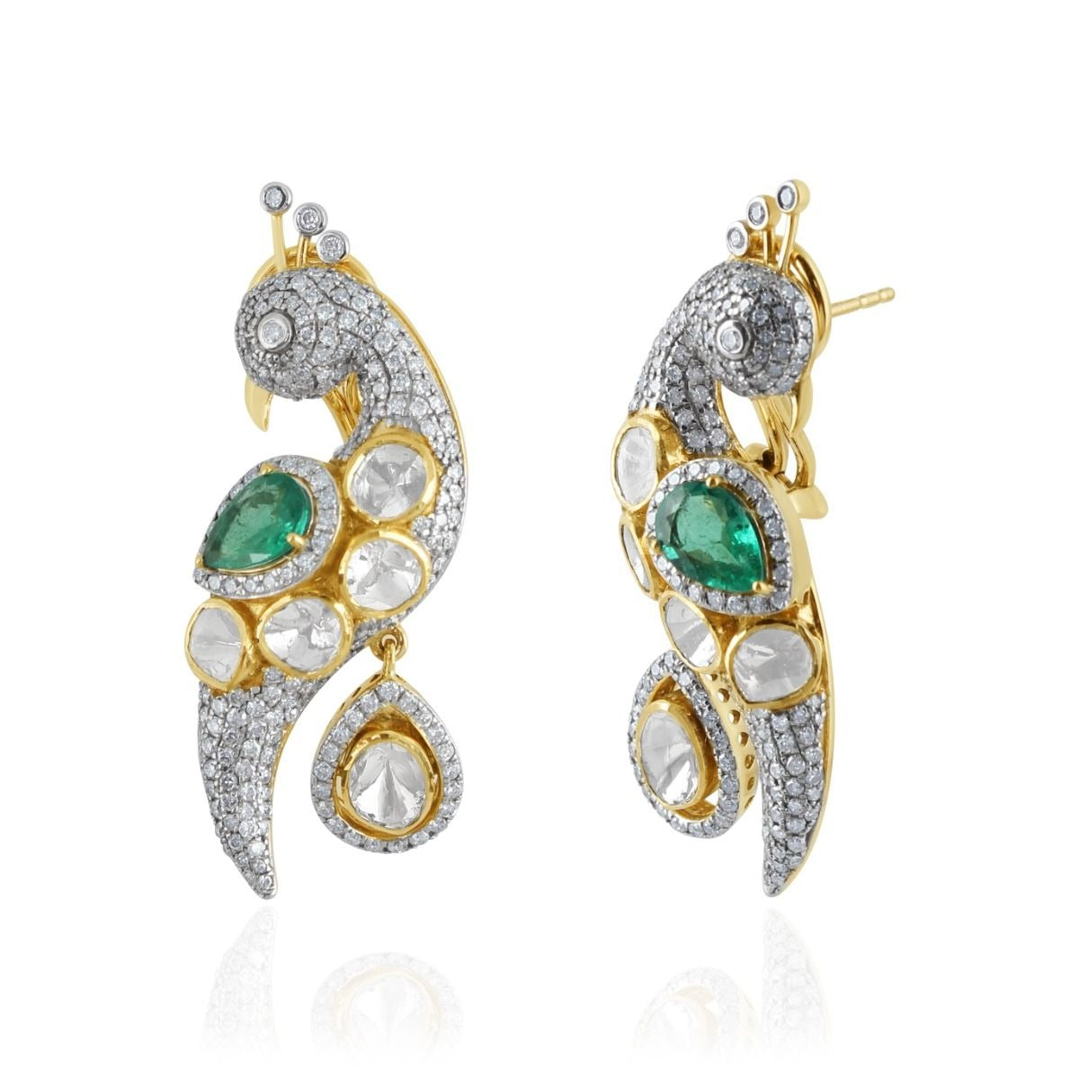 18Kt Gold Peacock Design Earring With Polki Diamonds and Emerald
