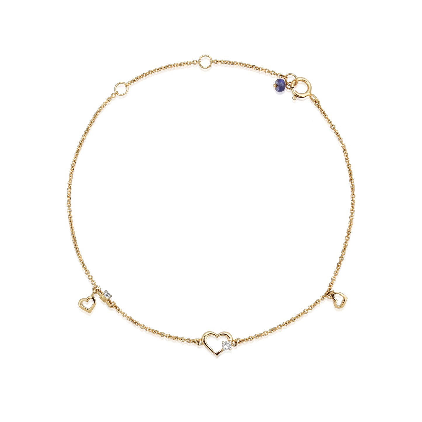 Three Heart Chain Bracelet 18kt Gold With Diamond & Blue Sapphire Beads