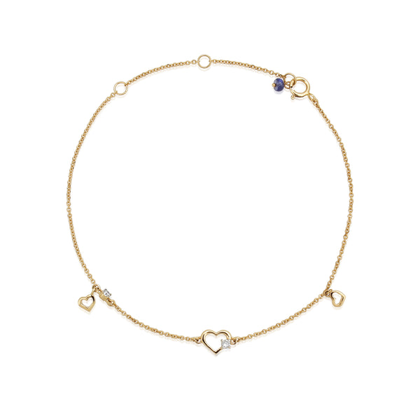 Three Heart Chain Bracelet 18kt Gold With Diamond & Blue Sapphire Beads