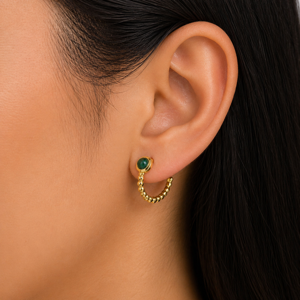 Beaded Hoop Earrings Gold with Emerald