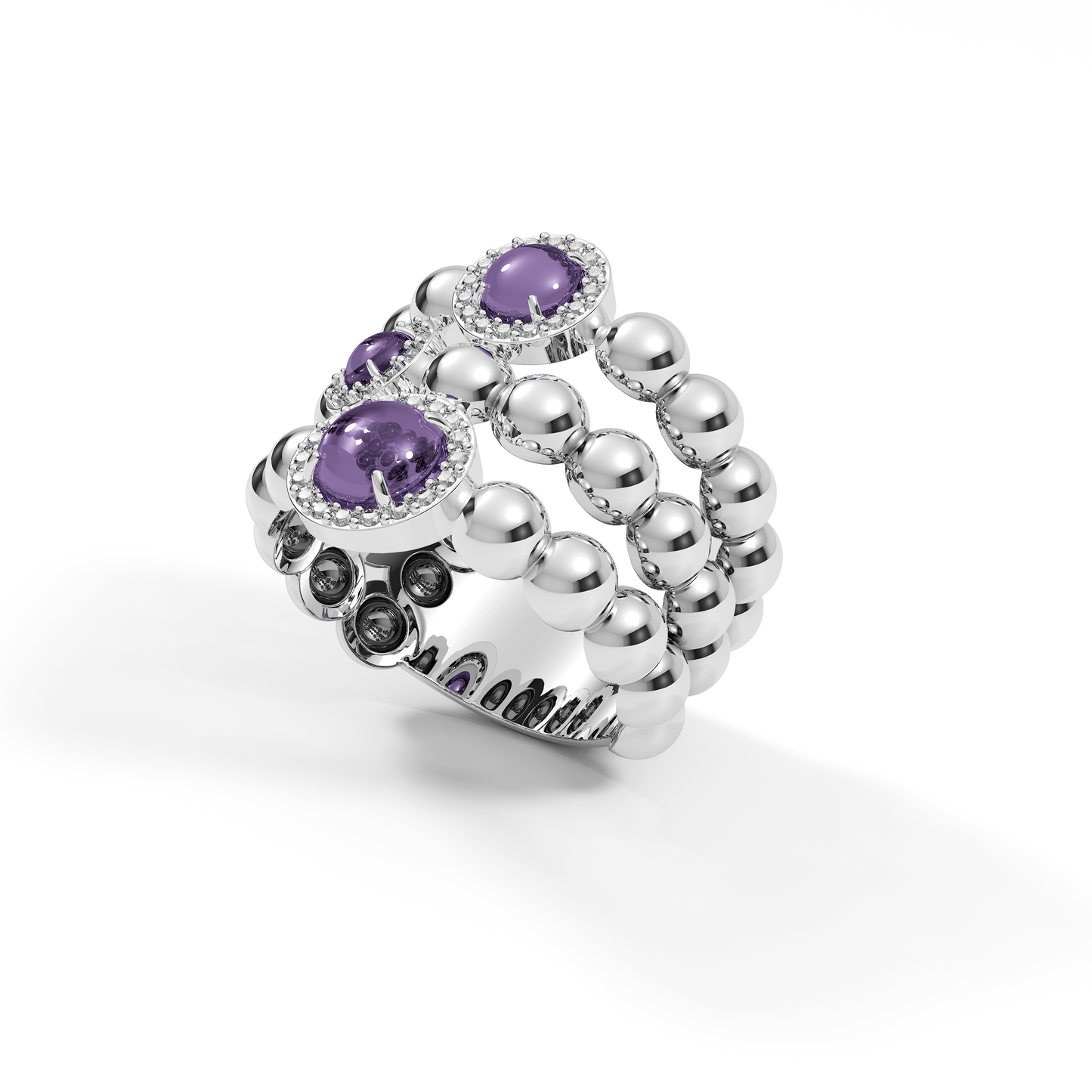 Sterling Silver Blossom Wide Ring with African Amethyst & American Diamond
