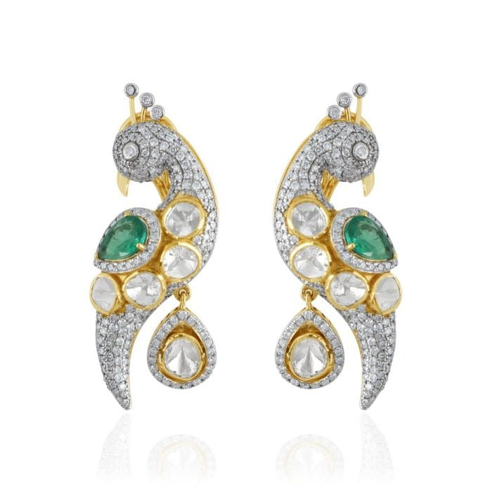 18Kt Gold Peacock Design Earring With Polki Diamonds and Emerald