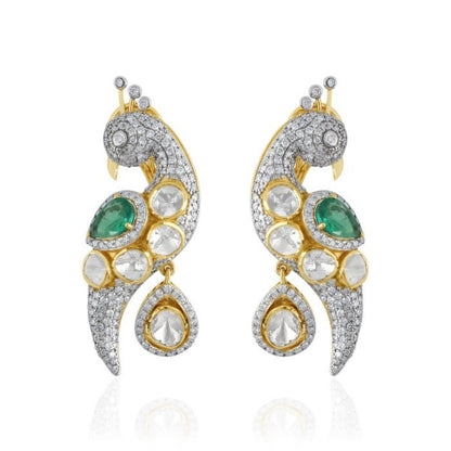 18Kt Gold Peacock Design Earring With Polki Diamonds and Emerald