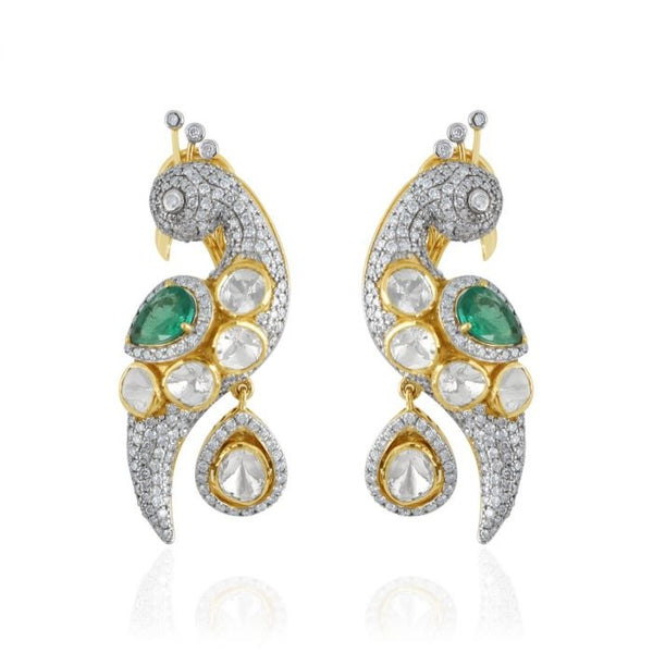 18Kt Gold Peacock Design Earring With Polki Diamonds and Emerald
