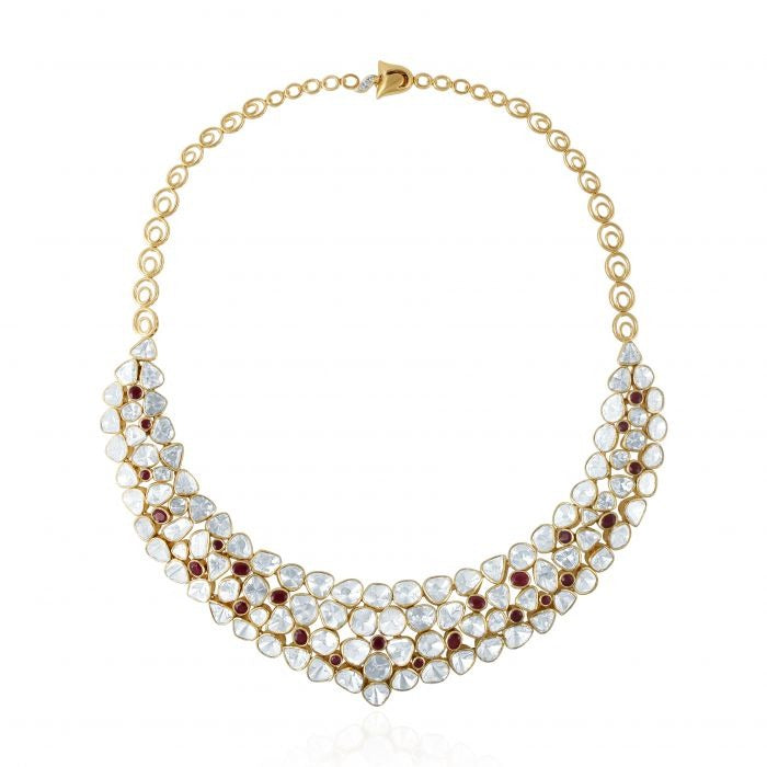 Yellow Gold Polki Diamond and Ruby Stone Wedding Jewellery Necklace Set for Women