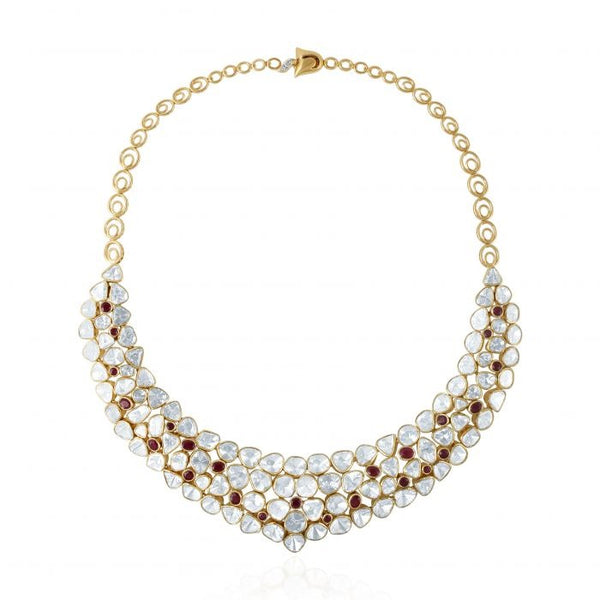 Yellow Gold Polki Diamond and Ruby Stone Wedding Jewellery Necklace Set for Women